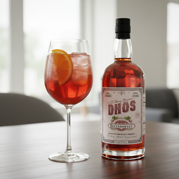 Bottle of DHOS Bittersweet with a glass of red cocktail on a table.