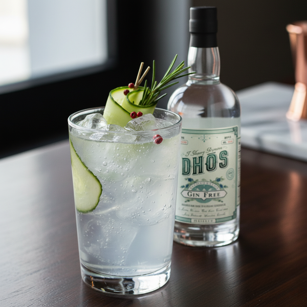 Glass of gin and tonic with cucumber and rosemary next to a bottle of DHOS Gin Free on a wooden surface.