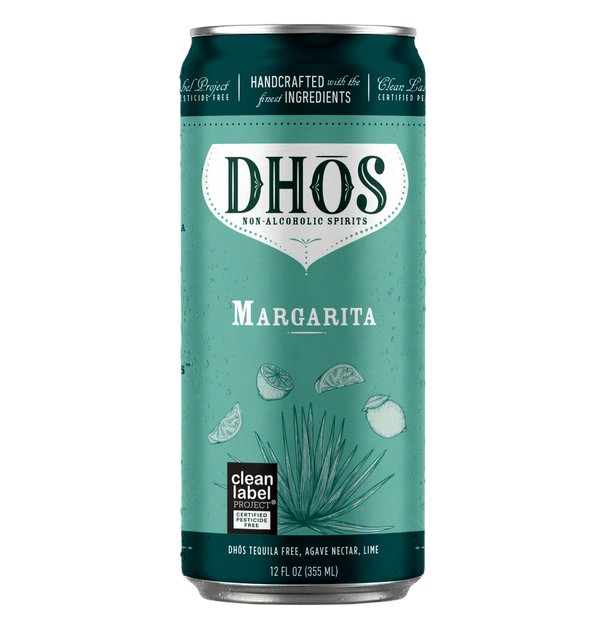 Teal can of DHOS Margarita non-alcoholic spirits on a white background